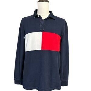 Tommy Hilfiger Polo Shirt Mens L Blue Rugby Colorblock  Academia Heritage Preppy